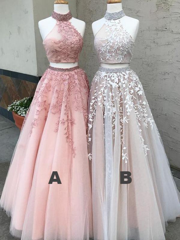 2-Pieces High Neck Lace Tulle Long Prom Dresses