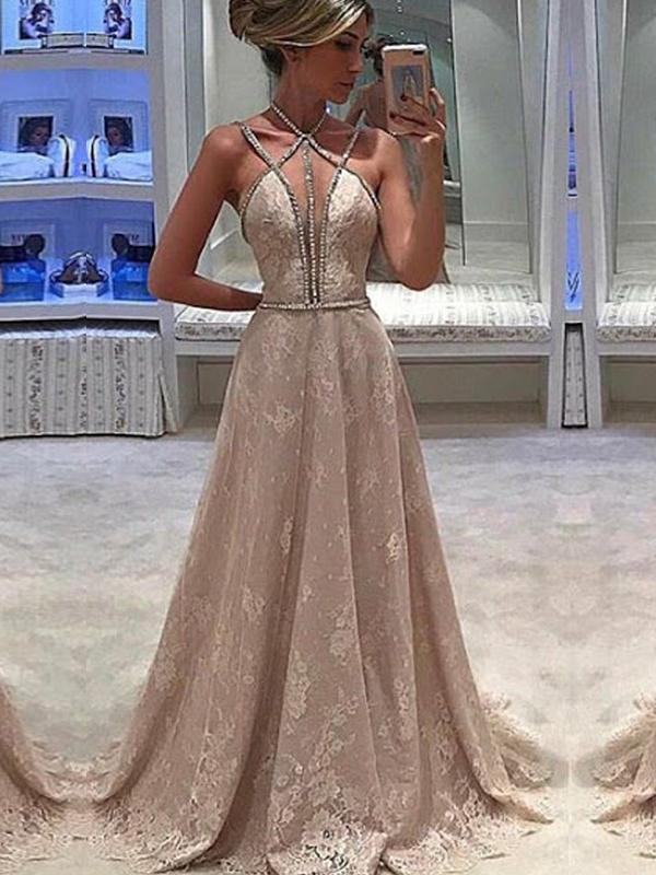 Spaghetti Strap Halter Full Lace Evening Party Prom Gown Dresses