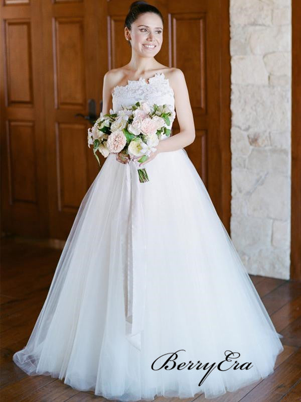 Unique Strapless Lace Tulle Ball Gown Wedding Dresses， A-line Popular Wedding Dresses