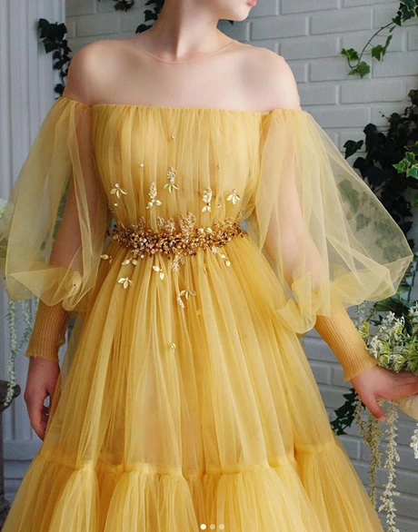 Off The Shoulder Yellow Tulle Appliques Prom Dresses, Layers Long Prom Dresses, 2021 Prom Dresses