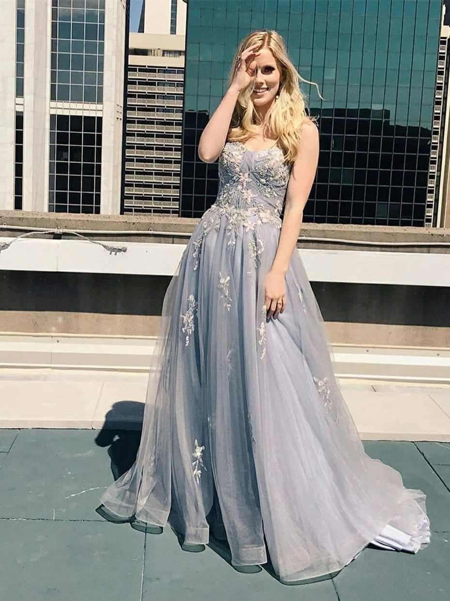 Light Grey Tulle Lace Appliques Prom Dresses, 2021 Prom Dresses, New Arrival Prom Dresses