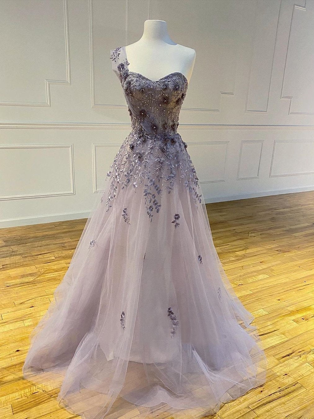 One Shoulder Long A-line Lace Appliques Beaded Prom Dresses, 2021 Prom Dresses, A-line Prom Dresses