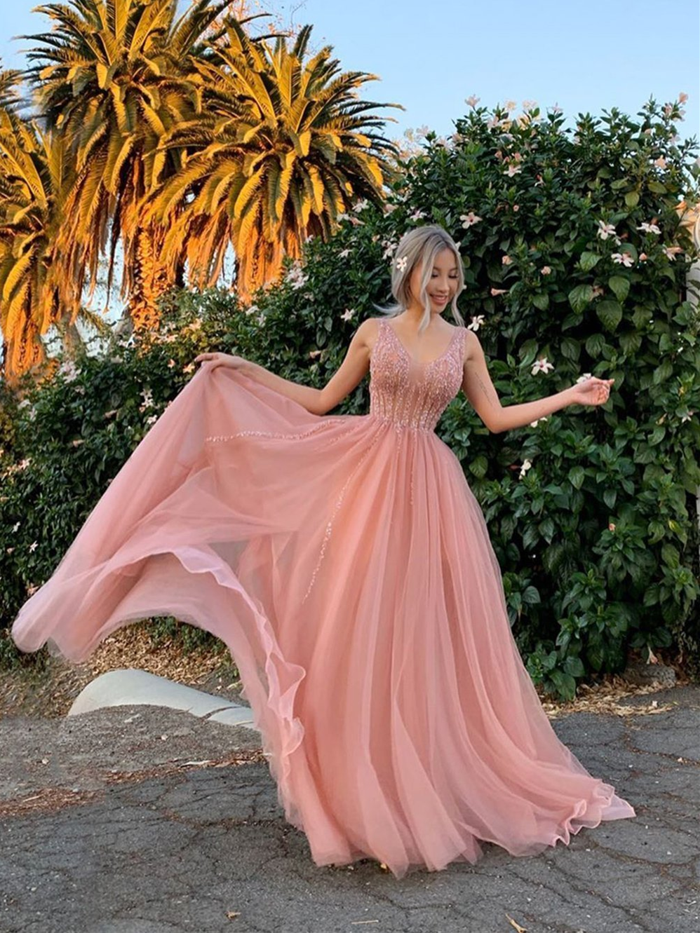 V-neck Long A-line Blush Pink Prom Dresses, Beaded Seqiun Prom Dresses, 2021 Prom Dresses