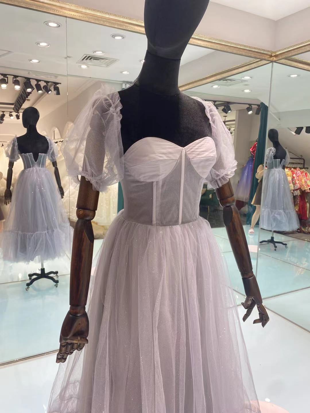 Raven Daria Tea Length Shiny Prom Dresses，2021 Long Prom Dresses，A-line Tulle Prom Dresses