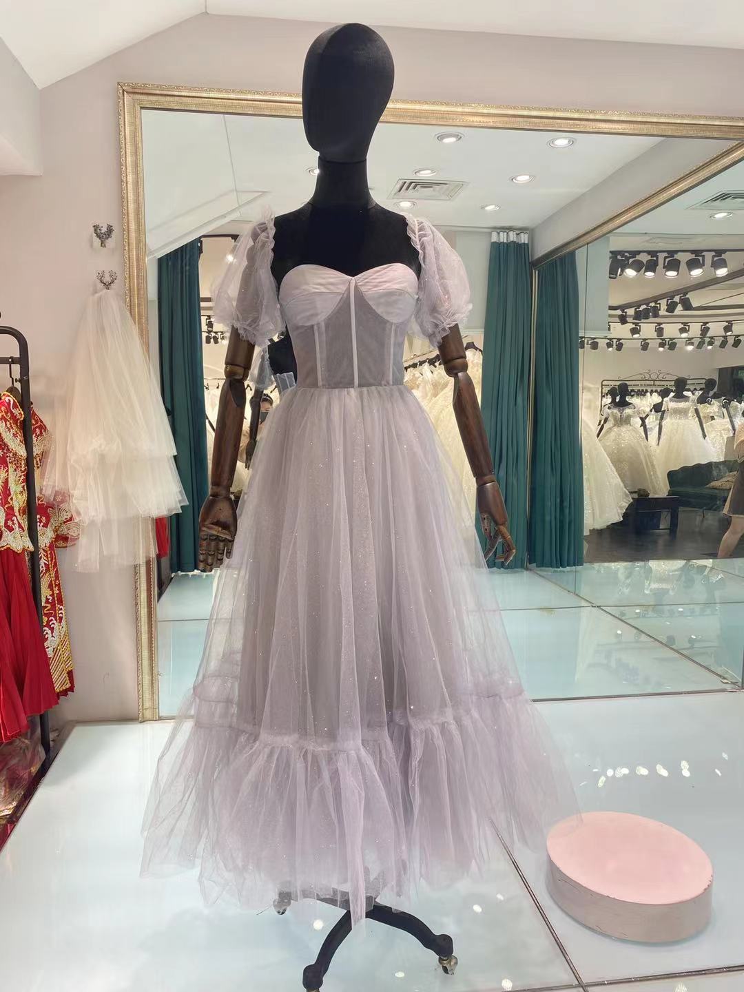 Raven Daria Tea Length Shiny Prom Dresses，2021 Long Prom Dresses，A-line Tulle Prom Dresses