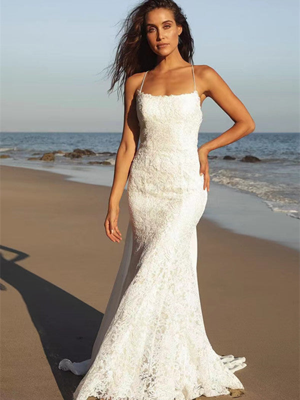 Popular Beach Wedding Dresses,Spaghetti Lace Wedding Dresses, Elegant Mermaid Bridal Gowns