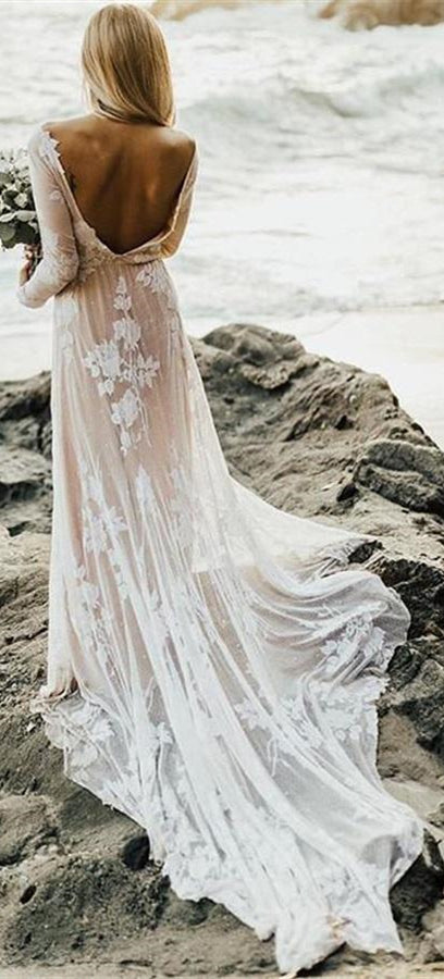 Round Neck Long Sleeves Lace Wedding Dresses, Beach Wedding Dresses, A-line Wedding Dresses