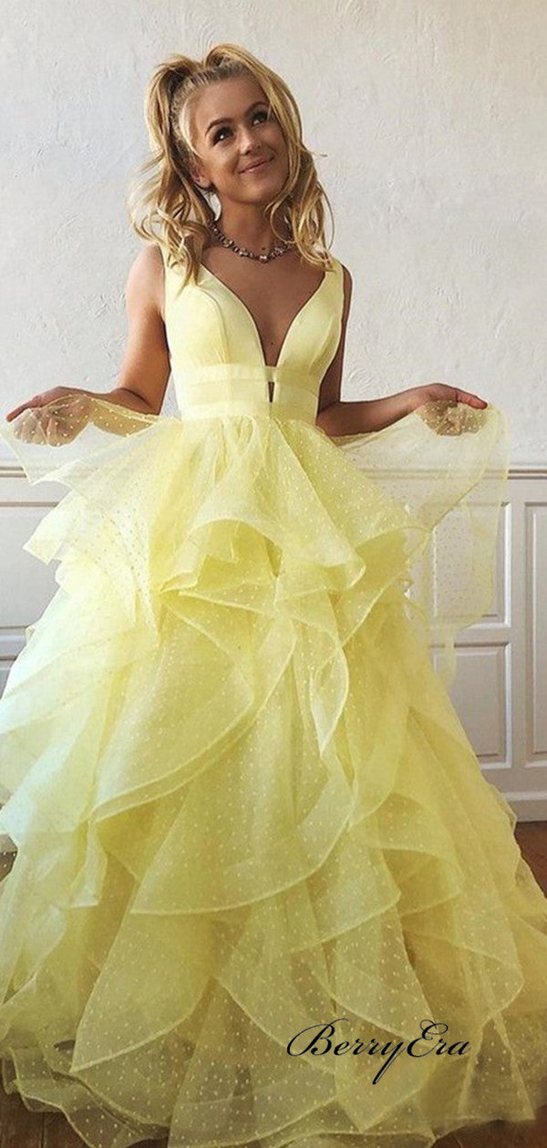Organza Unique Prom Dresses, Fluffy Prom Dresses, V-neck Prom