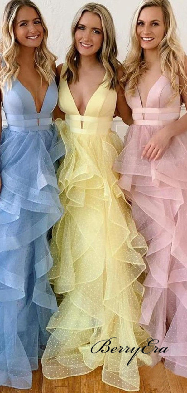 Organza Unique Prom Dresses, Fluffy Prom Dresses, V-neck Prom Dresses
