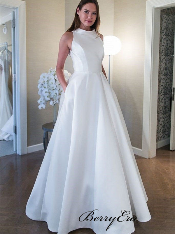 A-line Satin White Wedding Dress with Pockets, Sleeveless Simple Weddi Berryera A-line Satin White Wedding Dress with Pockets, Sleeveless Simple Weddi Berryera
