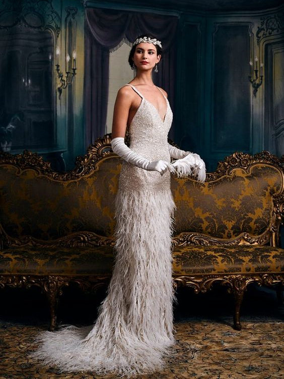 Great Gatsby Themed Wedding Dresses, Beaded Feather Luxury Wedding Dre ...