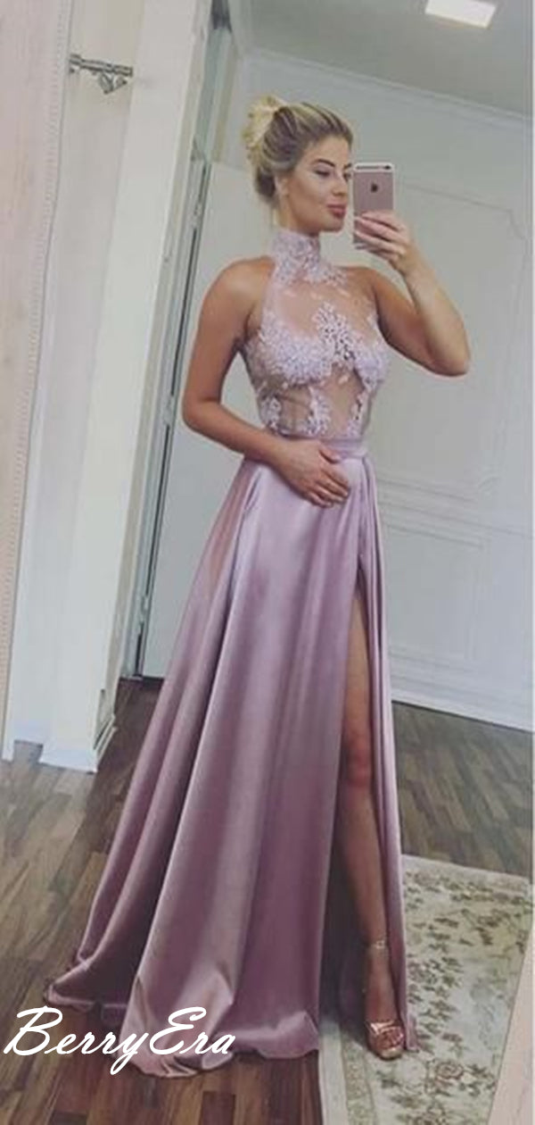 High Neck Purple Slit A-line Prom Dresses, Sexy Lace Prom Dresses