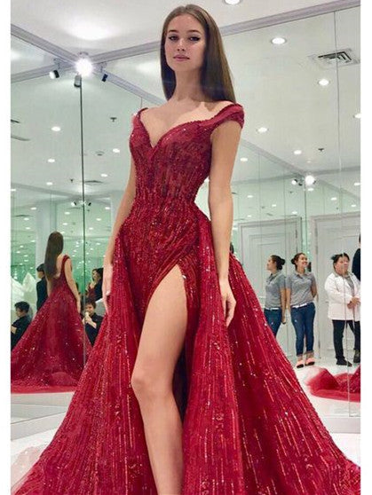 Off Shoulder Long Mermaid Red Beaded Prom Dresses, Side Slit 2021 Prom Dresses, Affordable Prom Dresses