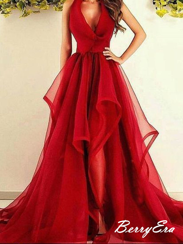 Red Color Organza Long Prom Dresses, V-neck A-line Prom Dresses