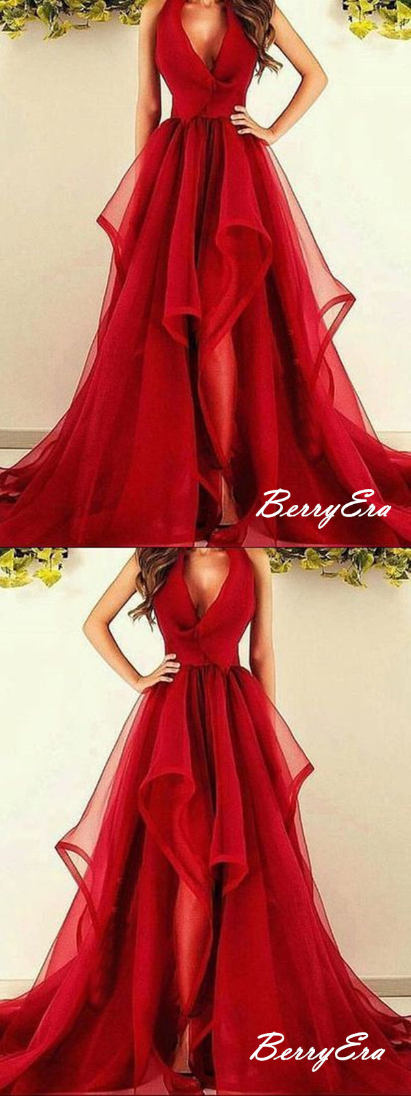 Red Color Organza Long Prom Dresses, V-neck A-line Prom Dresses