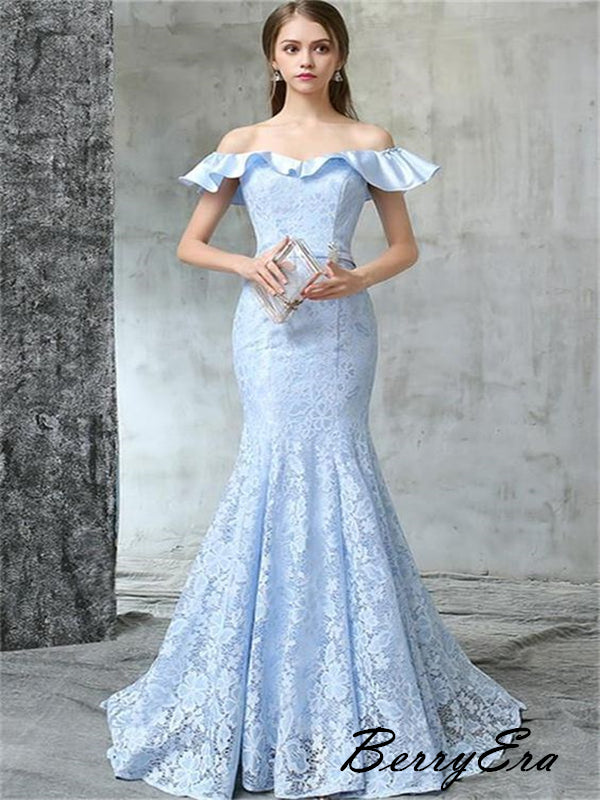 Off The Shoulder Sky Blue Prom Dresses, Lace Mermaid Prom Dresses