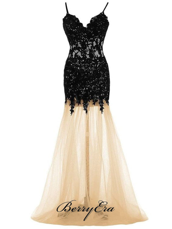 Spaghetti Strap Black Lace Prom Dresses, Mermaid Lace Prom Dresses