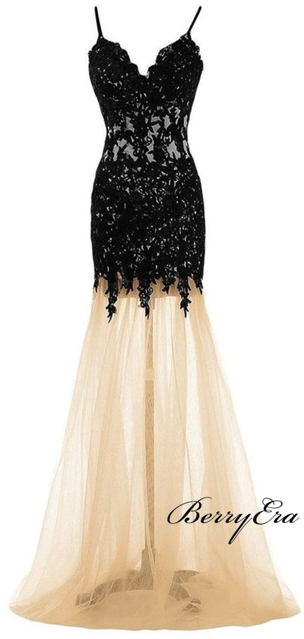 Spaghetti Strap Black Lace Prom Dresses, Mermaid Lace Prom Dresses