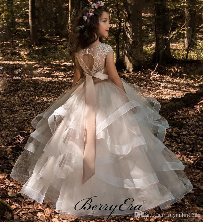 Lovely Lace Top Tulle Ball Gown, Open Back Flower Girl Dresses