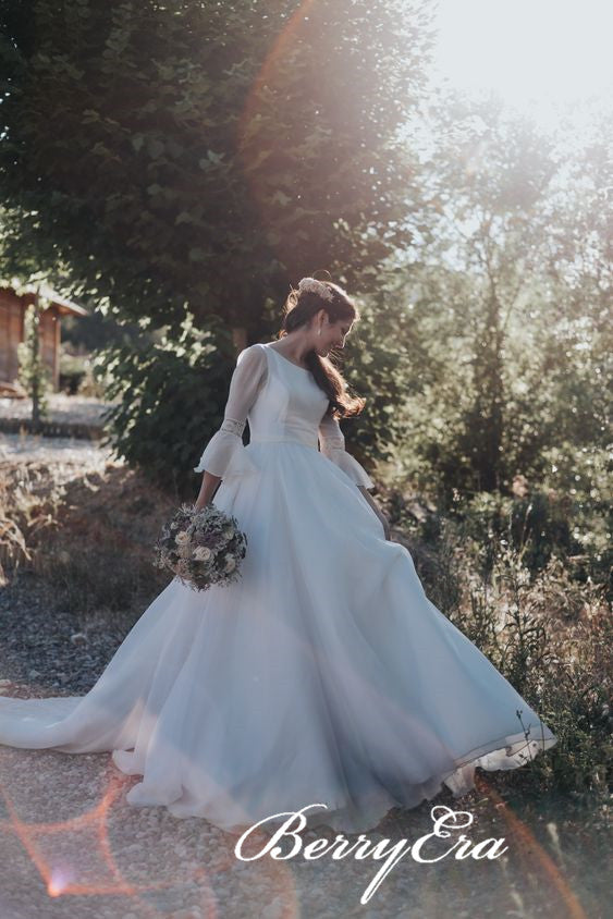Long Sleeves Romantic Boho Ivory A-line Wedding Dresses