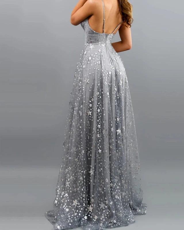 Spaghetti Long A-line Silver Sequin Tulle Prom Dresses, Side Slit Prom Berryera Spaghetti Long A-line Silver Sequin Tulle Prom Dresses, Side Slit Prom Berryera