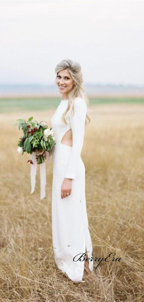 Long Sleeves Simple Outdoor Wedding Dresses, Bridal Gowns With Slit, Cheap Wedding Dresses