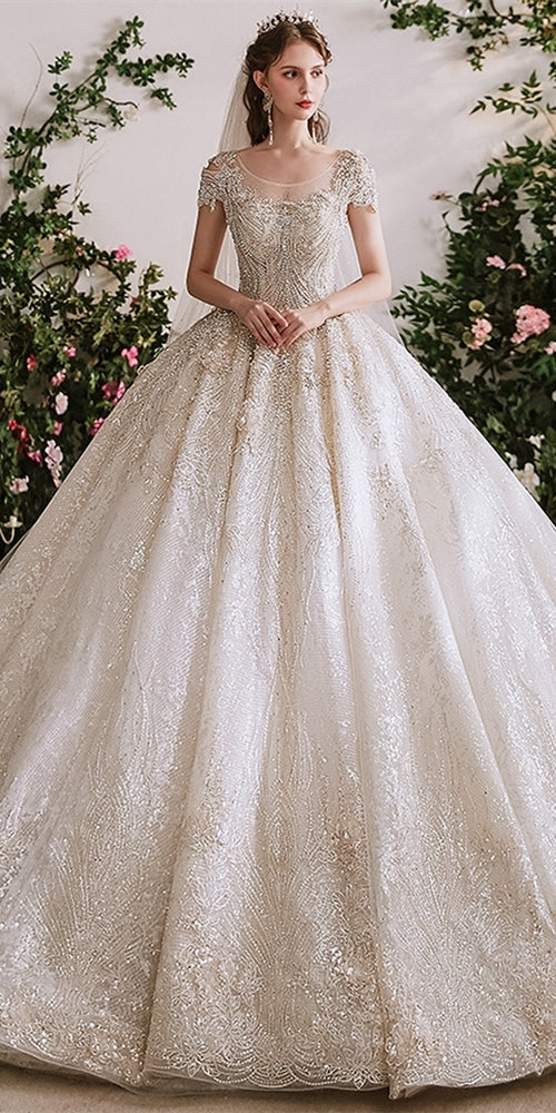 Round Neck Long A-line Beaded Wedding Dresses, Ball Gown Wedding Dresses, Long Wedding Dresses