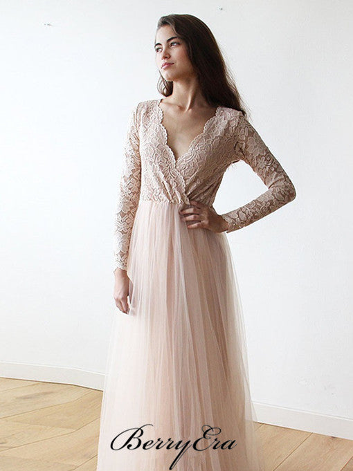 V-neck Long Sleeves Lace Top Tulle Long Wedding Dresses