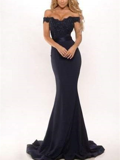 Black Off Shoulder Lace Mermaid Long Prom Dresses