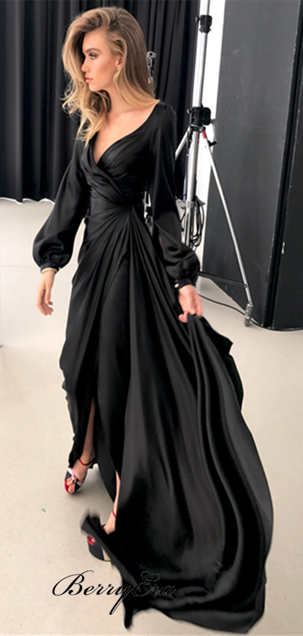 Black Long Sleeves Side Slit Soft Satin Prom Dresses, Newest Prom Dresses