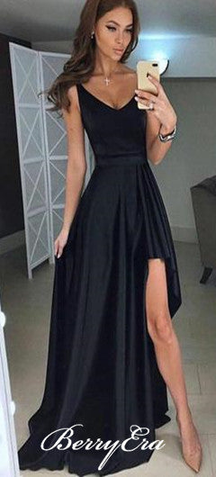 Simple Black Hi-low Satin Prom Dresses, Cheap Prom Dresses, Long Prom Dresses