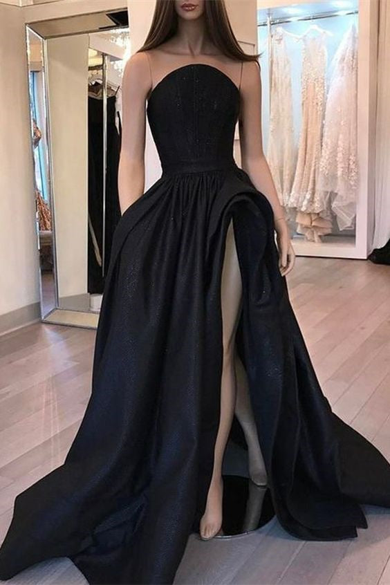 Illusion Long Black Satin Prom Dresses, High Side Slit Prom Dresses, Popular Prom Dresses
