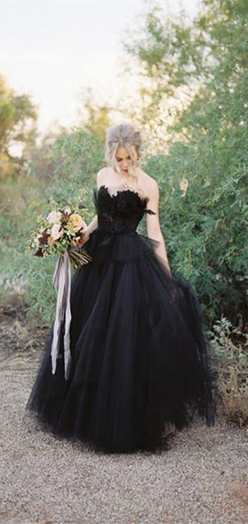 Sweetheart Long A-line Black Tulle Wedding Dresses, Country Wedding Dr