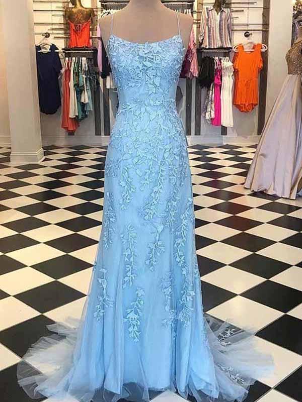 Spaghetti Long Sheath Light Blue Lace Prom Dresses
