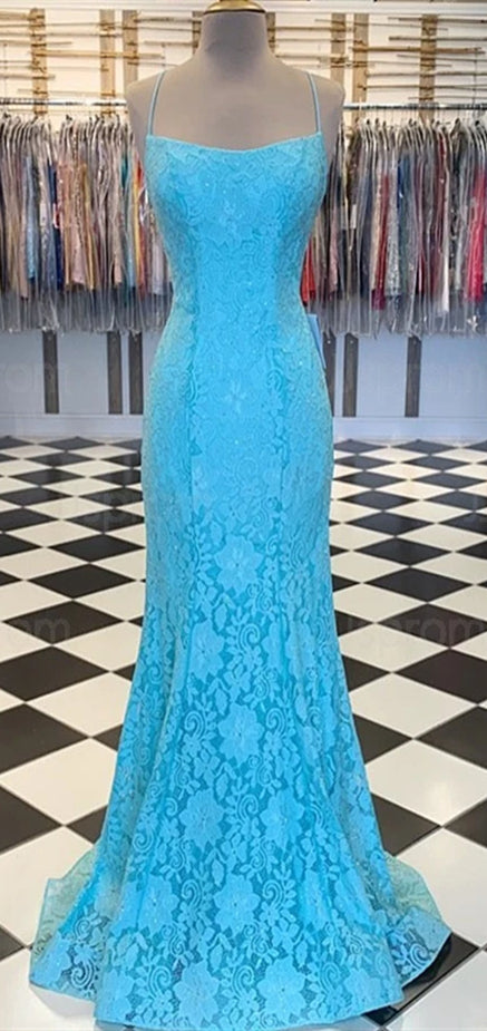 Spaghetti Long Mermaid Blue Lace Prom Dresses, Lace Up Prom Dresses, 2020 Prom Dresses