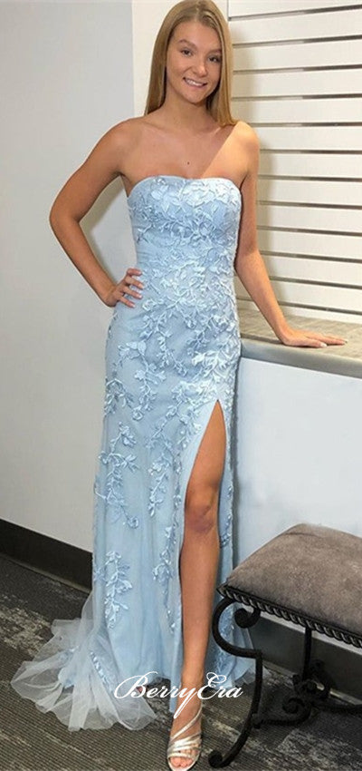 Strapless Long Mermaid Light Blue Lace Tulle Prom Dresses, Side Slit Prom Dresses, 2020 Prom Dresses, Long Prom Dresses
