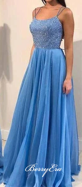 Long A-line Blue Chiffon Beaded Prom Dresses, Lace Up Prom Dresses, Long Prom Dresses, 2020 Prom Dresses