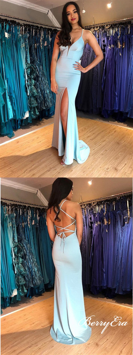 Spaghetti Long Mermaid Side Slit Prom Dresses, Blue Prom Dresses, Long Prom Dresses