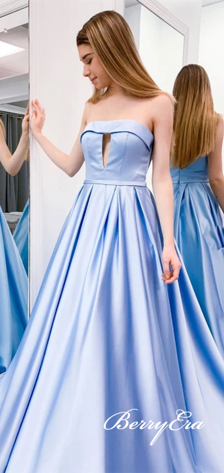 Strapless Long A-line Light Blue Satin Prom Dresses, Long Prom Dresses, 2020 Prom Dresses