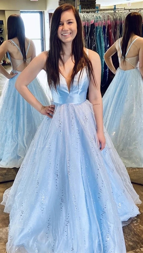 Straps Long A-line Blue Sequin Tulle Prom Dresses, Popular 2020 Prom Dresses, Newest Prom Dresses