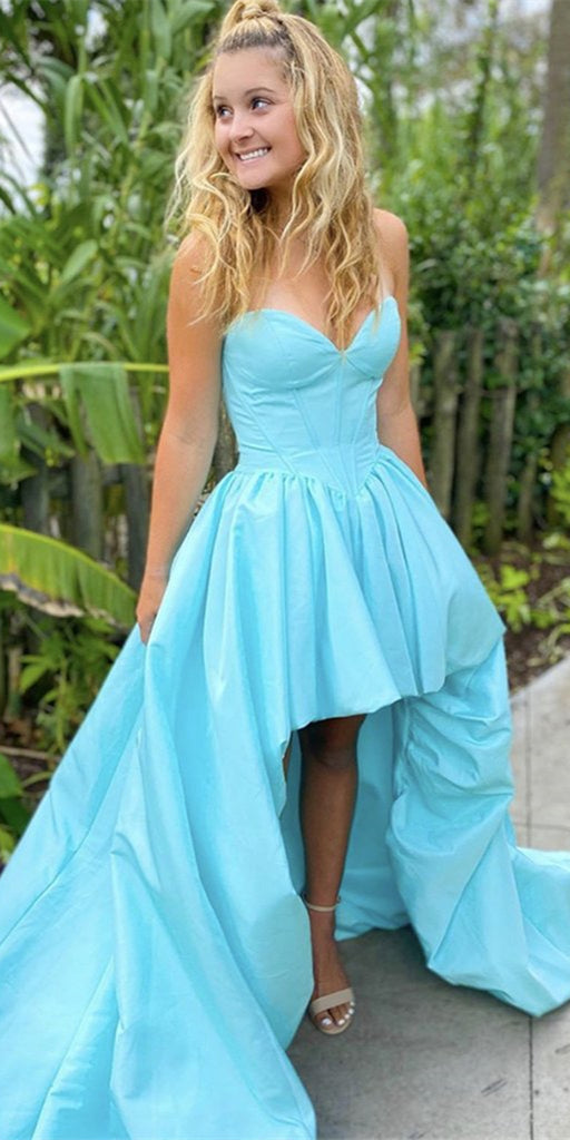 Sweetheart Long A-line Blue Satin Prom Dresses, Hi-low Prom Dresses, Newest 2021 Prom Dresses