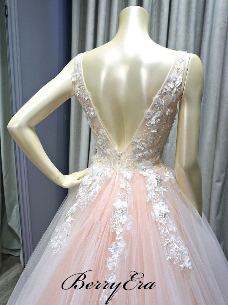V-neck Lace Top Beaded A-line Pale Pink Prom Dresses
