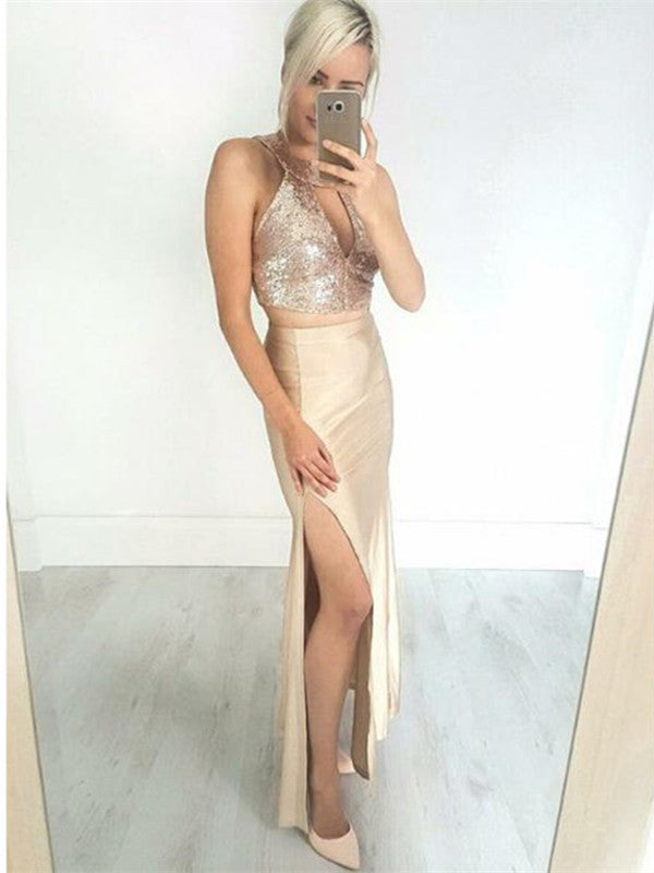 2 Pieces Long Mermaid Prom Dresses, Sexy Sequin Evening Dresses