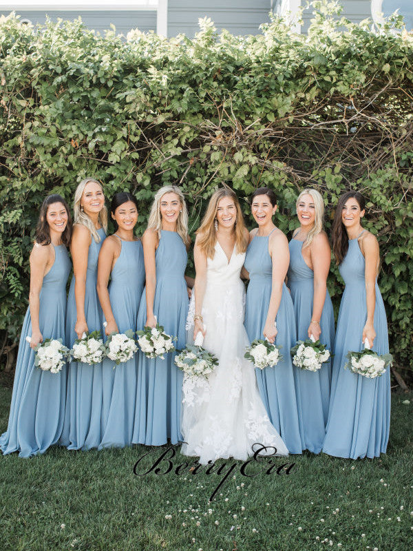Halter Long A-line Sky Blue Bridesmaid Dresses, Chiffon Bridesmaid Dresses