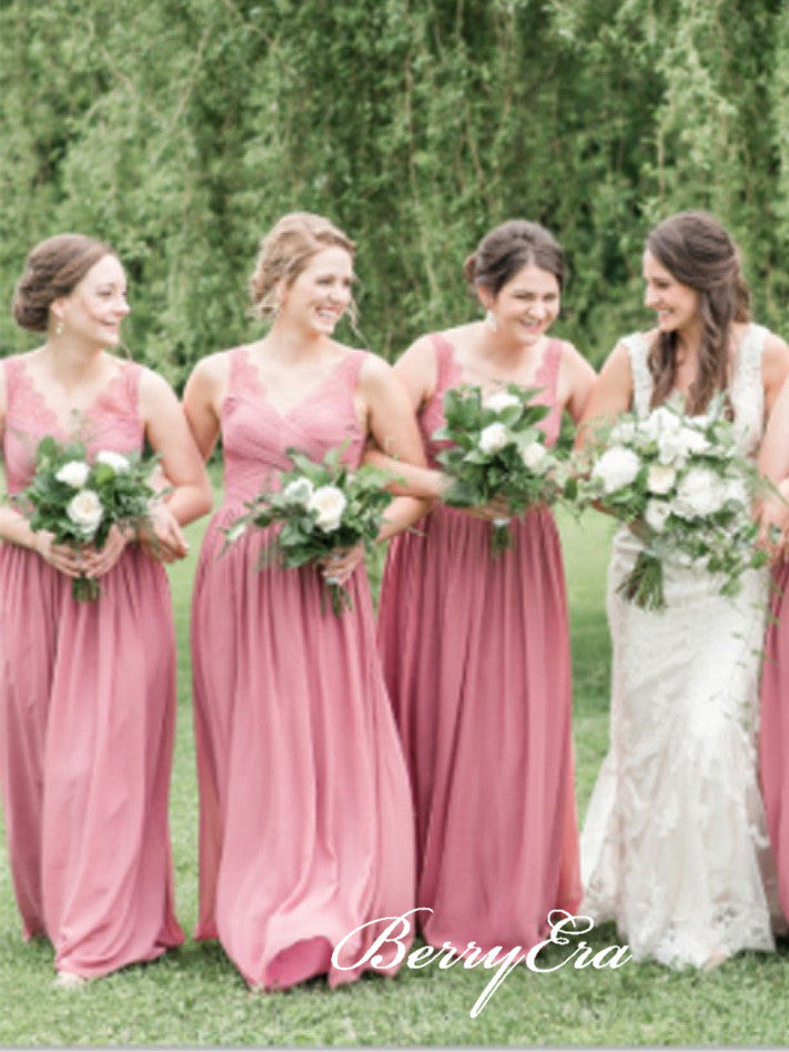 V-neck Dusty Rose Lace Chiffon A-line Bridesmaid Dresses Berryera V-neck Dusty Rose Lace Chiffon A-line Bridesmaid Dresses Berryera