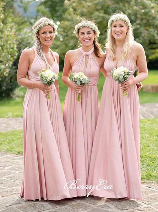 Convertible Long A-line Pink Jersey Bridesmaid Dresses