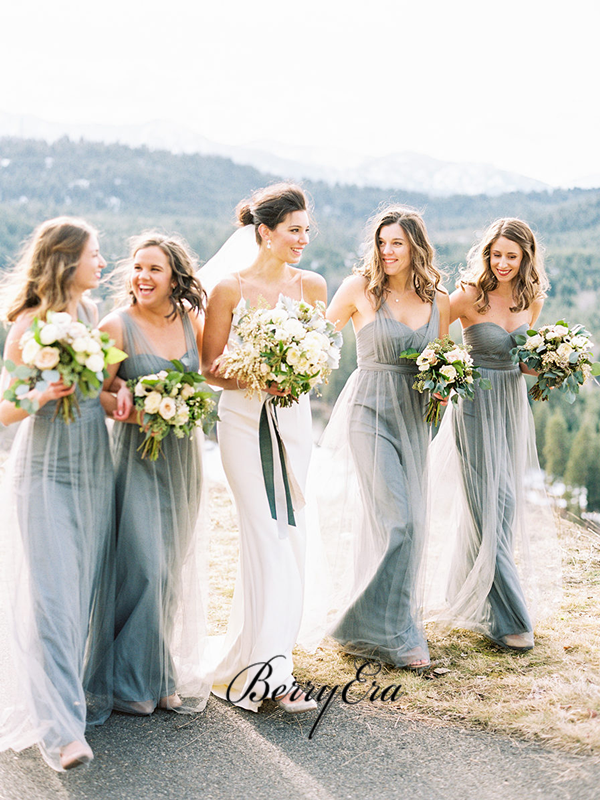 Convertible Light Grey Tulle Long Bridesmaid Dresses