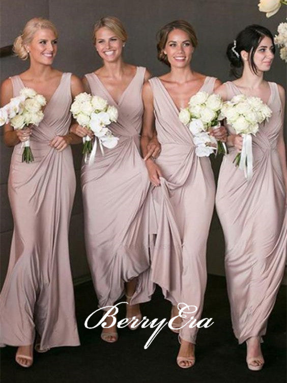 V-neck Sheath Jersey Long Bridesmaid Dresses, Popular Bridesmaid Dresses