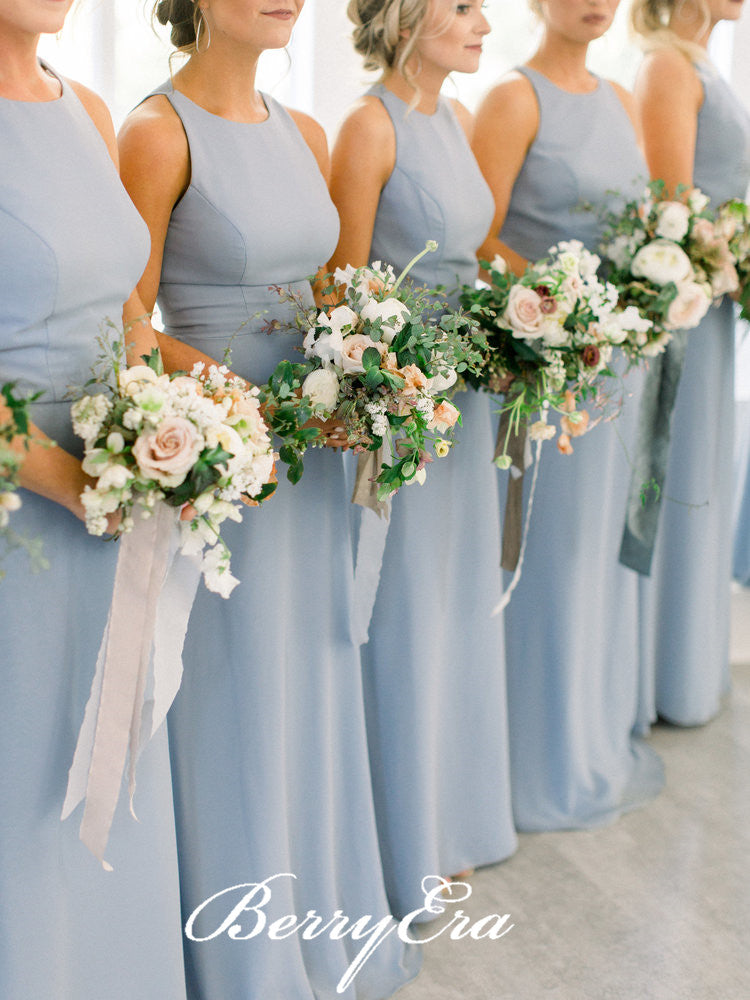 Round Neck Sleeveless Dusty Blue Jersey Bridesmaid Dresses, Popular Bridesmaid Dresses