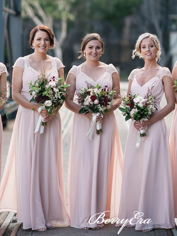 Cap Sleeves A-line Blush Pink Chiffon Lace Long Bridesmaid Dresses
